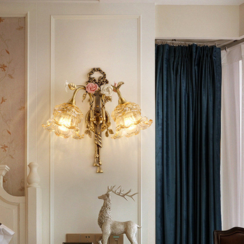 Stenska lampa od cijelog bakra, francuski seoski stil, retro romantičan keramički cvijet, za dnevni boravak, blagovaonu ili spavaću sobu