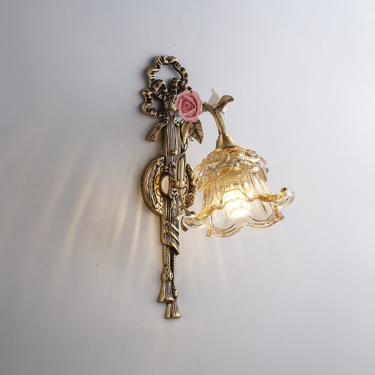 Stenska lampa od cijelog bakra, francuski seoski stil, retro romantičan keramički cvijet, za dnevni boravak, blagovaonu ili spavaću sobu