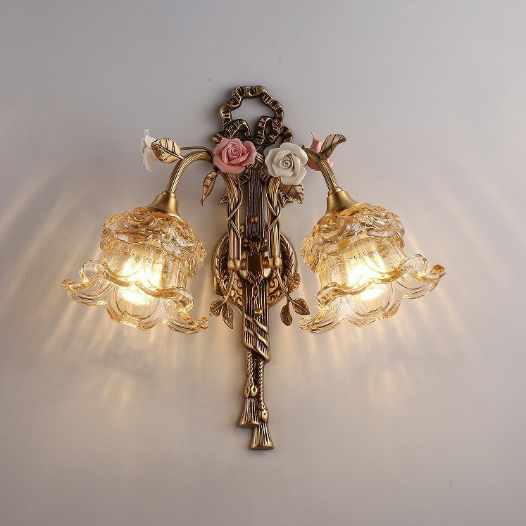 Stenska lampa od cijelog bakra, francuski seoski stil, retro romantičan keramički cvijet, za dnevni boravak, blagovaonu ili spavaću sobu