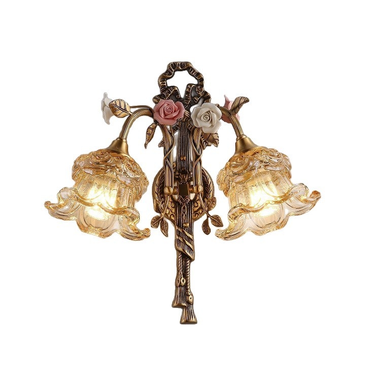Stenska lampa od cijelog bakra, francuski seoski stil, retro romantičan keramički cvijet, za dnevni boravak, blagovaonu ili spavaću sobu