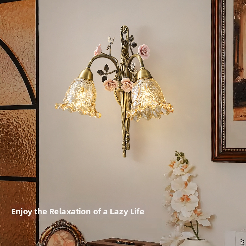 Retro romantična keramična cvjetna zidna lampa od bakra i stakla, luksuzna, zaštita očiju, potpuno spektralno osvjetljenje, nordijski stil, za dnevni boravak i blagovaonicu