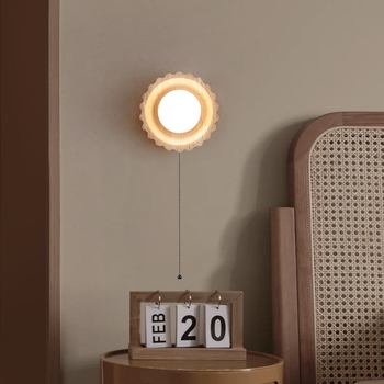 Okrugla zidna lampa od žutog travertina s prekidačem, stil Wabi-Sabi, japanski nadahnutá noćna lampica