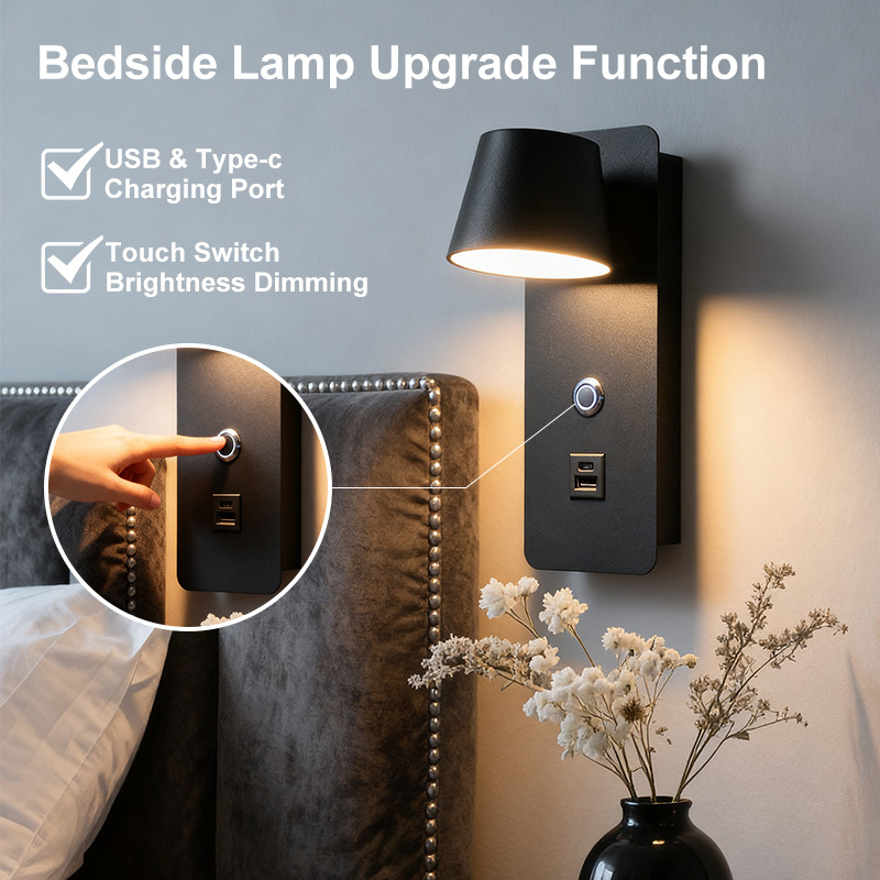 Zidna lampa uz krevet, akril, dodirno prilagodljiva, USB punjenje, LED lampica za čitanje u spavaćoj sobi i dnevnoj sobi