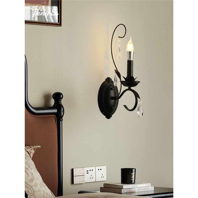 Crna američko-retro kristalna zidna lampa za dnevni boravak, hodnik, balkon i spavaću sobu