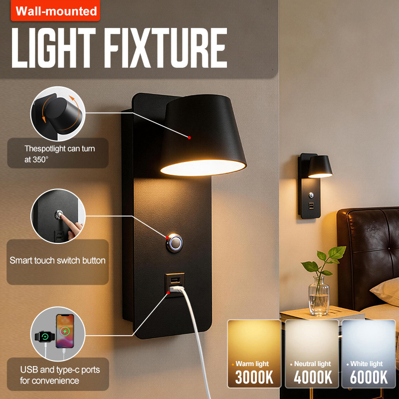 LED zidna lampa s dodirnim upravljanjem i neprekidnim podešavanjem svjetla, 350° rotacija, nordični stil, za hotelske sobe i spavaće sobe