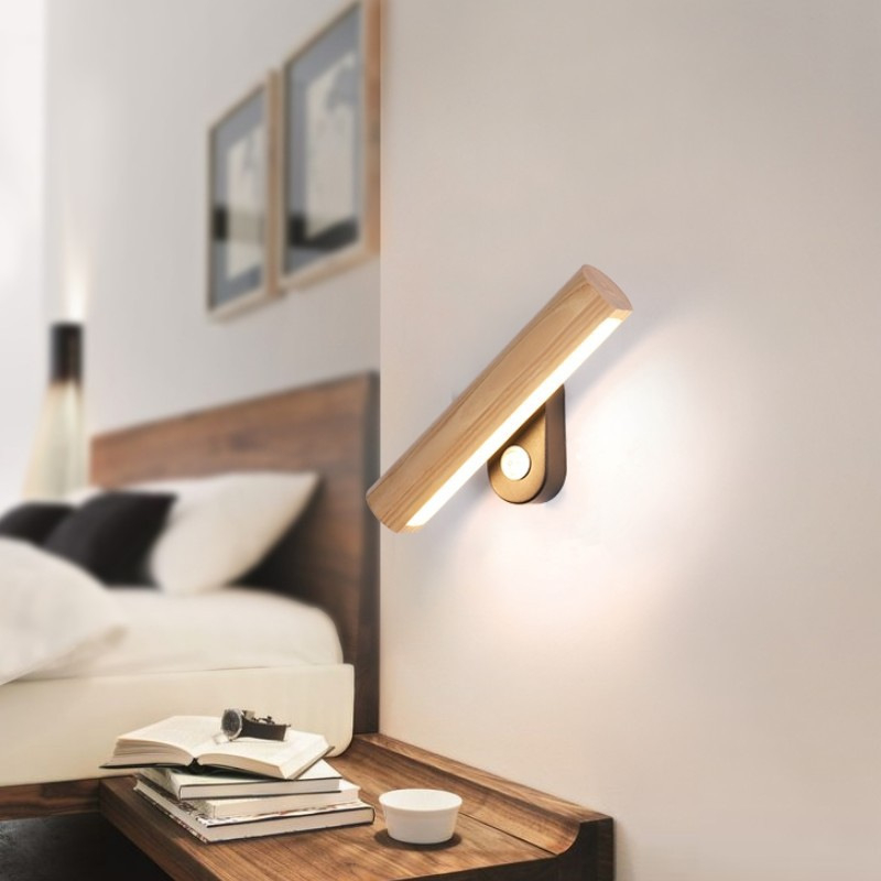 Drvena zidna lampa uz kreveta u japanskom stilu (wabi-sabi), minimalistička skandinavska LED rotirajuća zidna svjetiljka za hodnik i radnu sobu