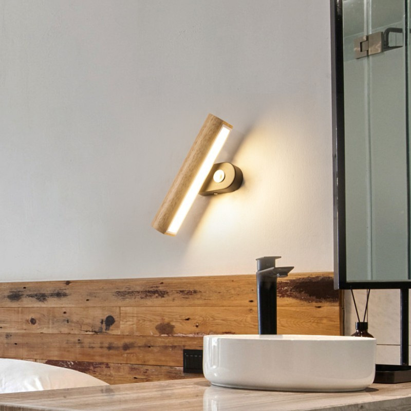 Drvena zidna lampa uz kreveta u japanskom stilu (wabi-sabi), minimalistička skandinavska LED rotirajuća zidna svjetiljka za hodnik i radnu sobu