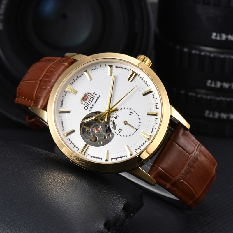 Férfi bőrszíjas mechanikus karóra, kronográf és 24 órás kijelző, rozsdamentes acél tokkal, zafír kristály, 43 mm-es számlap