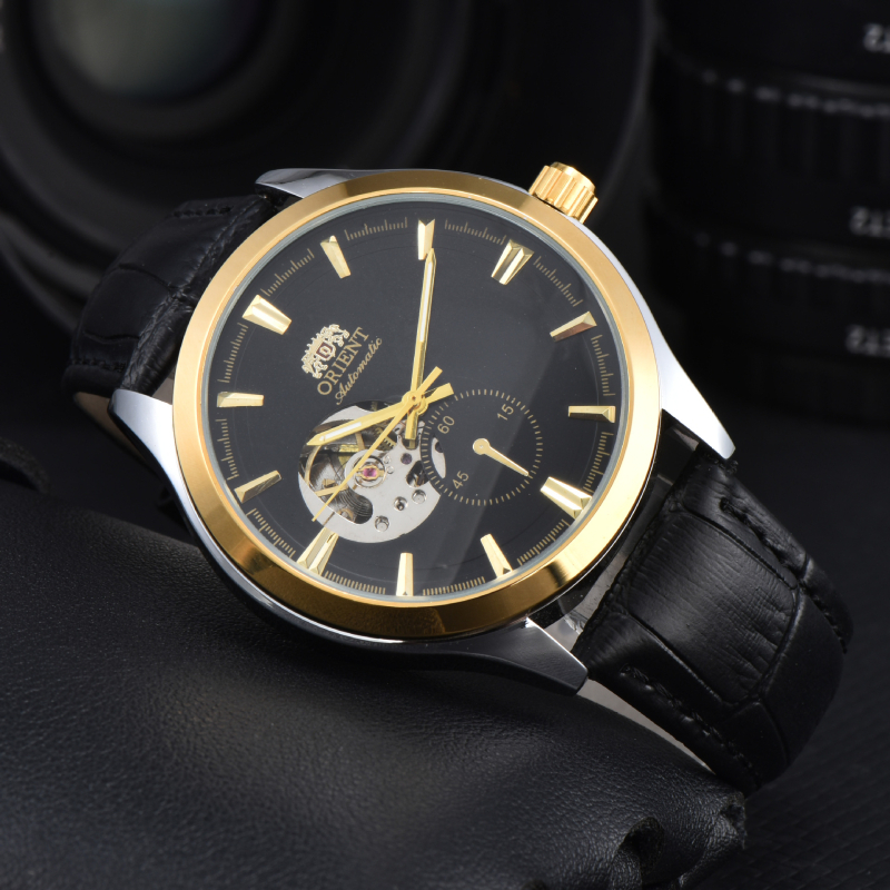 Férfi bőrszíjas mechanikus karóra, kronográf és 24 órás kijelző, rozsdamentes acél tokkal, zafír kristály, 43 mm-es számlap