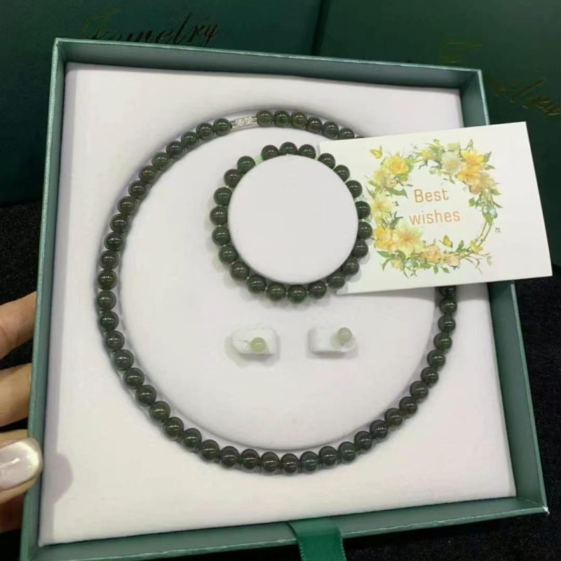 Hetian Jade trodijelni set: ogrlica, narukvica i naušnice s okruglim perlama