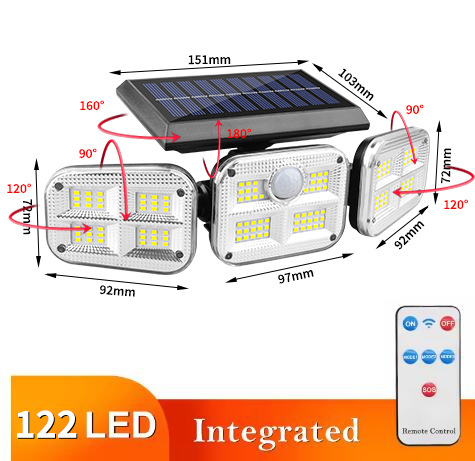 Solarna zidna svjetiljka s tri glave, podesivim kutovima, vanjski dvorišni senzor pokreta, vodootporna