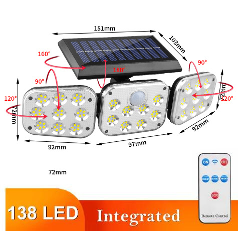 Solarna zidna svjetiljka s tri glave, podesivim kutovima, vanjski dvorišni senzor pokreta, vodootporna