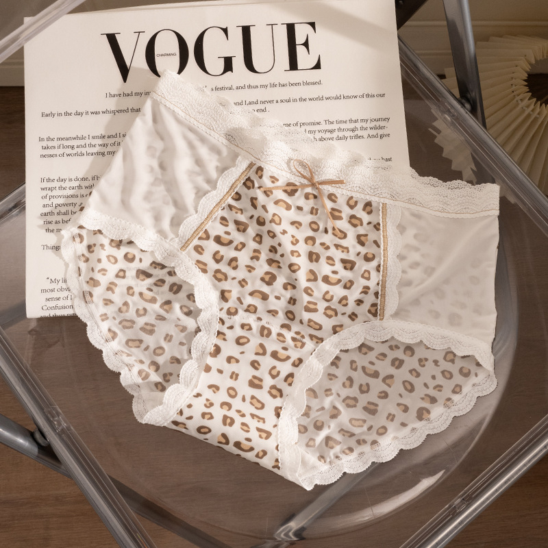 Seksi ženske gaćice s leopard uzorkom i prozračnom čipkom, prozračni Ice Silk, ljeto, srednji struk