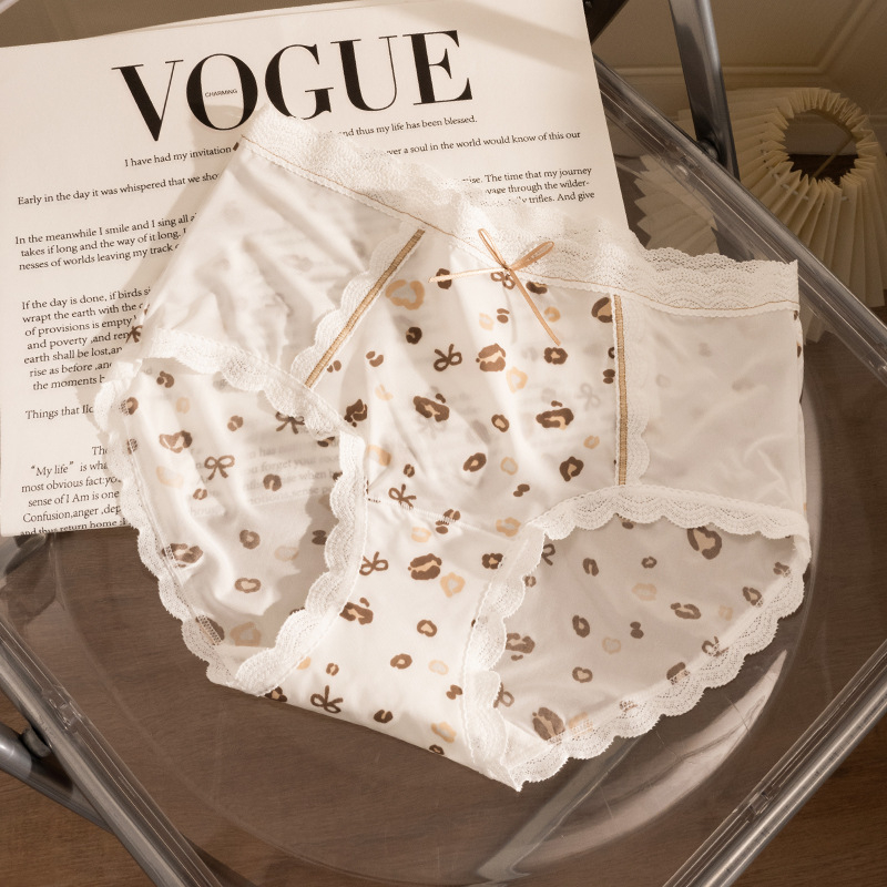Seksi ženske gaćice s leopard uzorkom i prozračnom čipkom, prozračni Ice Silk, ljeto, srednji struk