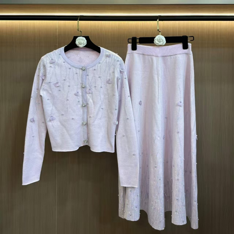 Dvokomponentni set: pleteni kardigan s rhinestones, Chanel stil društvene dame, kratka suknja za jesen-zimu