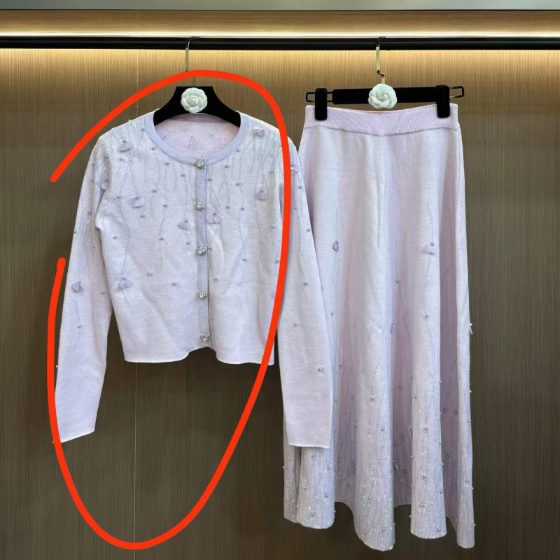 Dvokomponentni set: pleteni kardigan s rhinestones, Chanel stil društvene dame, kratka suknja za jesen-zimu