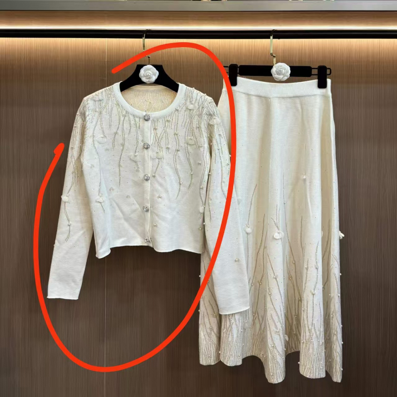 Dvokomponentni set: pleteni kardigan s rhinestones, Chanel stil društvene dame, kratka suknja za jesen-zimu