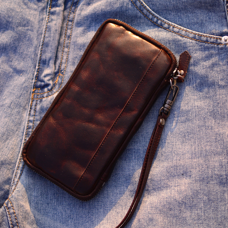 Új japán retro stílusú, valódi bőrből készült cipzáros pénztárca, uniszex hosszú pénztárca és kézitáska telefonhoz