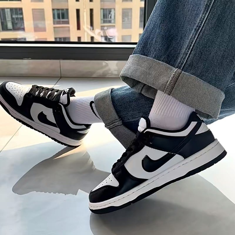 Pantofi sport unisex din piele, Panda model, talpă joasă, parte superioară din piele naturală, talpă din cauciuc