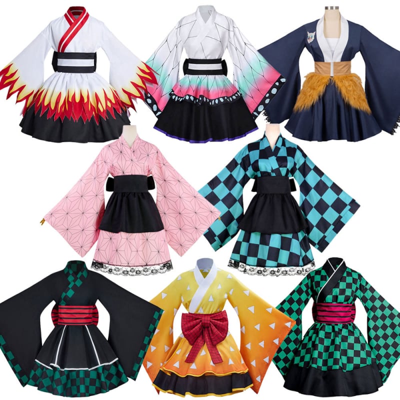 Demon Slayer cosplay kostim: Tanjiro Kamado i Nezuko Kamado Flame Hashira maid kimono, na skladištu