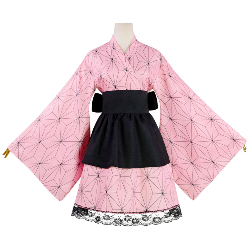 Demon Slayer cosplay kostim: Tanjiro Kamado i Nezuko Kamado Flame Hashira maid kimono, na skladištu
