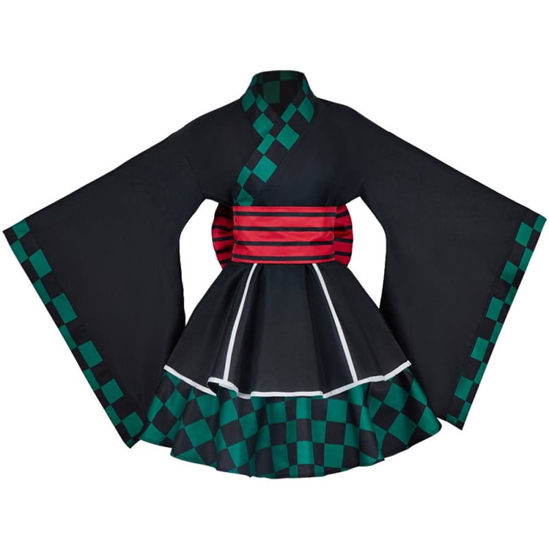 Demon Slayer cosplay kostim: Tanjiro Kamado i Nezuko Kamado Flame Hashira maid kimono, na skladištu