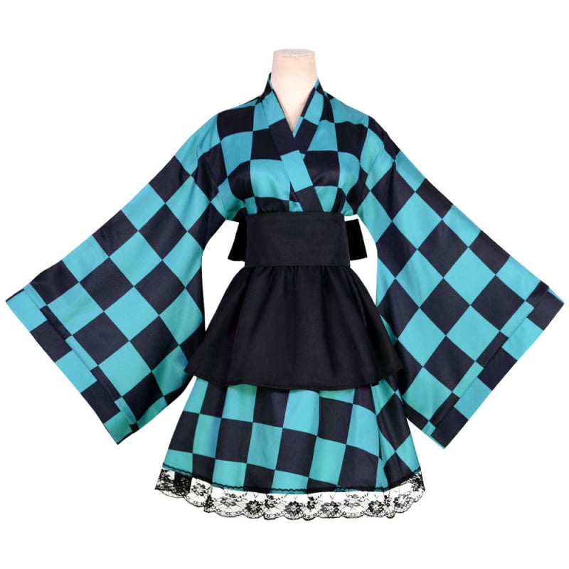 Demon Slayer cosplay kostim: Tanjiro Kamado i Nezuko Kamado Flame Hashira maid kimono, na skladištu
