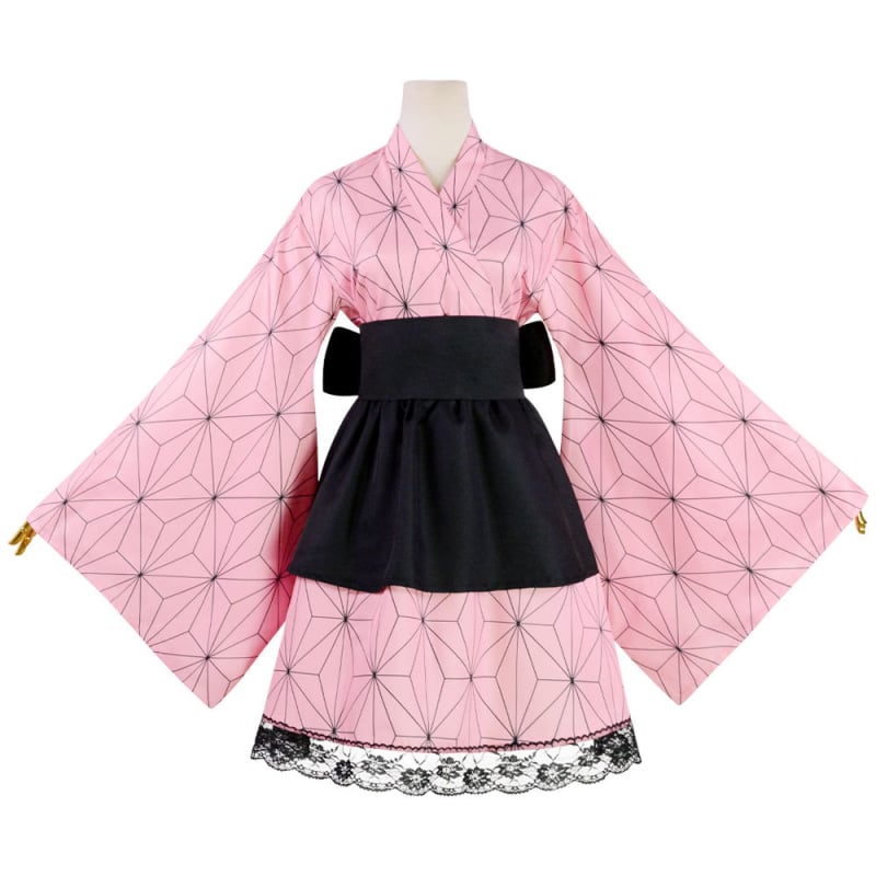 Demon Slayer cosplay kostim: Tanjiro Kamado i Nezuko Kamado Flame Hashira maid kimono, na skladištu