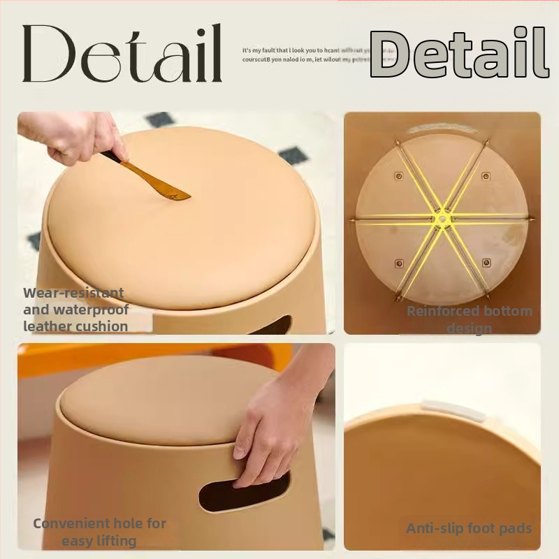 Plastová okrúhla stolička, ekologická, s koženým vzhľadom, na domáce použitie, hrubšia, stabilná, protišmyková, moderný minimalistický štýl, stohovateľná.