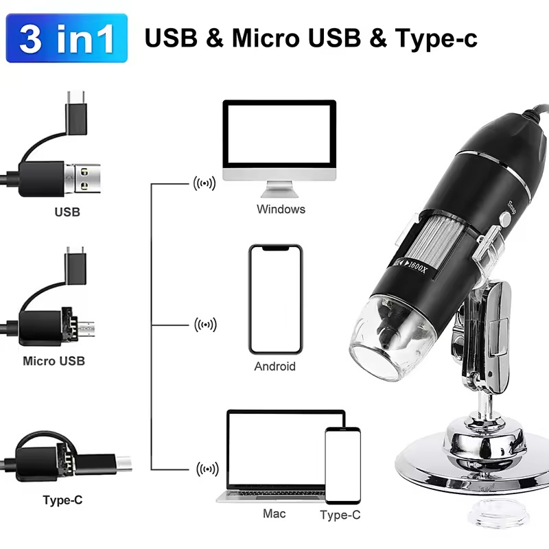 3-u-1 mikroskop, 1600x digitalni elektronički mikroskop s Type-C, Android USB, kamera za računalo
