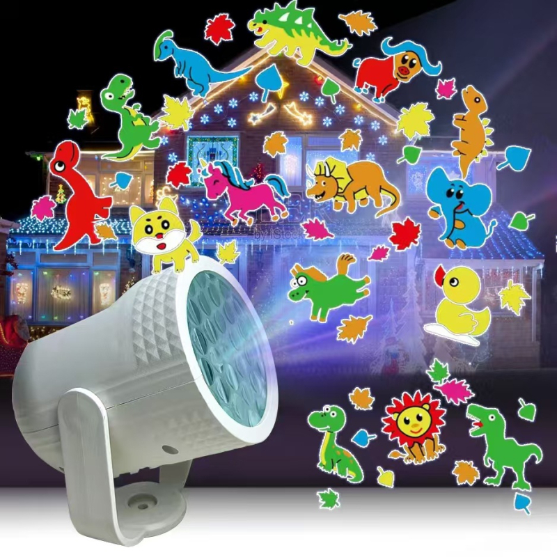 Lampă de masă RGB USB cu proiector cilindric, 16 modele de Crăciun — dinozauri și animale desenate, iluminare decorativă pentru atmosferă