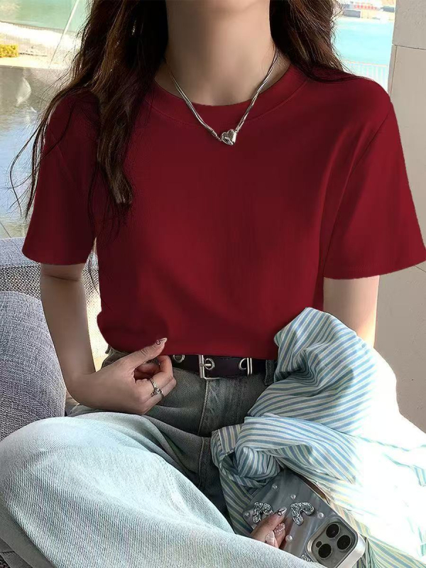 Ženski T-shirt s kratkim rukavima i okruglim izrezom, 92% pamuka, korejski stil, ležeran kroj, jednobojan, za sitnije tjelesne građe, ljeto 2026