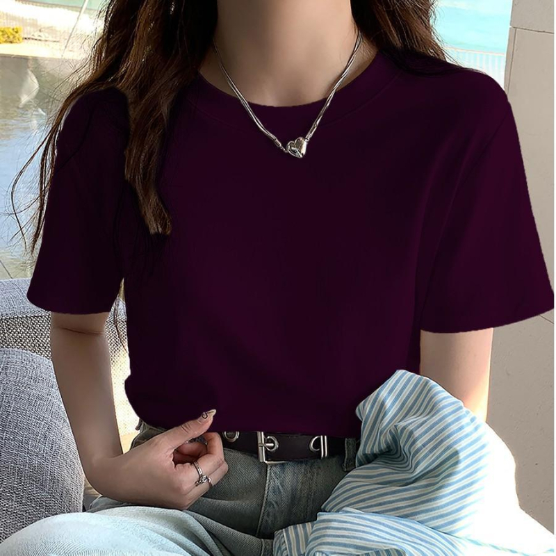Ženski T-shirt s kratkim rukavima i okruglim izrezom, 92% pamuka, korejski stil, ležeran kroj, jednobojan, za sitnije tjelesne građe, ljeto 2026