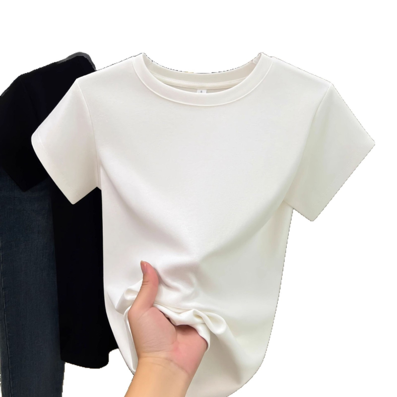 Ženski T-shirt s kratkim rukavima i okruglim izrezom, 92% pamuka, korejski stil, ležeran kroj, jednobojan, za sitnije tjelesne građe, ljeto 2026