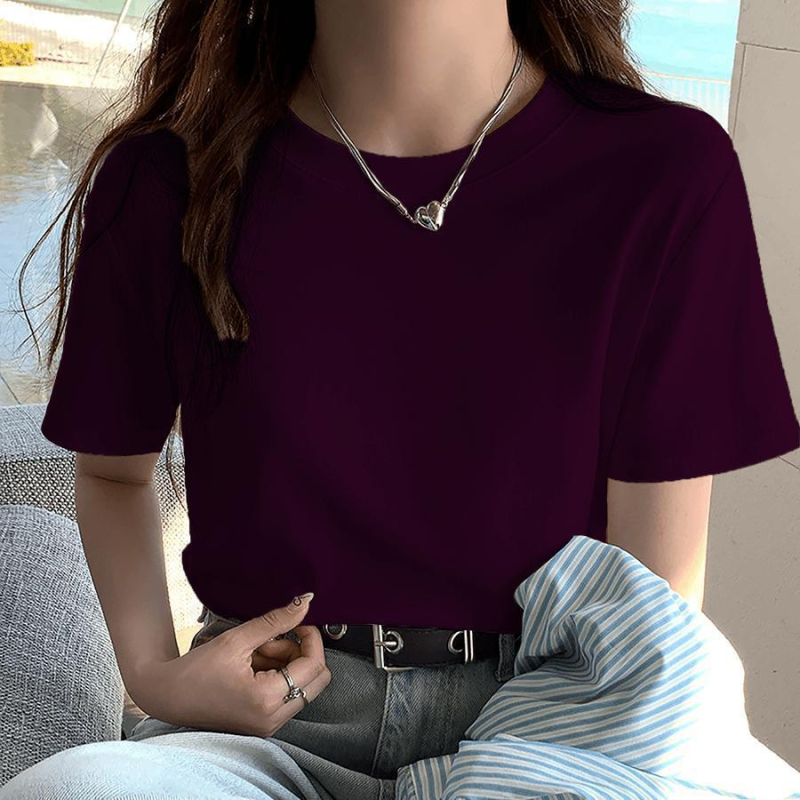 Ženski T-shirt s kratkim rukavima i okruglim izrezom, 92% pamuka, korejski stil, ležeran kroj, jednobojan, za sitnije tjelesne građe, ljeto 2026