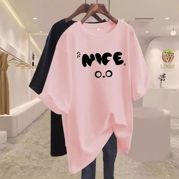 Ljetni ženski oversize T-shirt od pamuka, europski stil, otisak s riječima, srednja duljina, nišni modni top 2025