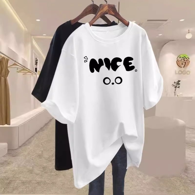 Ljetni ženski oversize T-shirt od pamuka, europski stil, otisak s riječima, srednja duljina, nišni modni top 2025