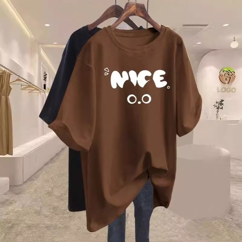 Ljetni ženski oversize T-shirt od pamuka, europski stil, otisak s riječima, srednja duljina, nišni modni top 2025