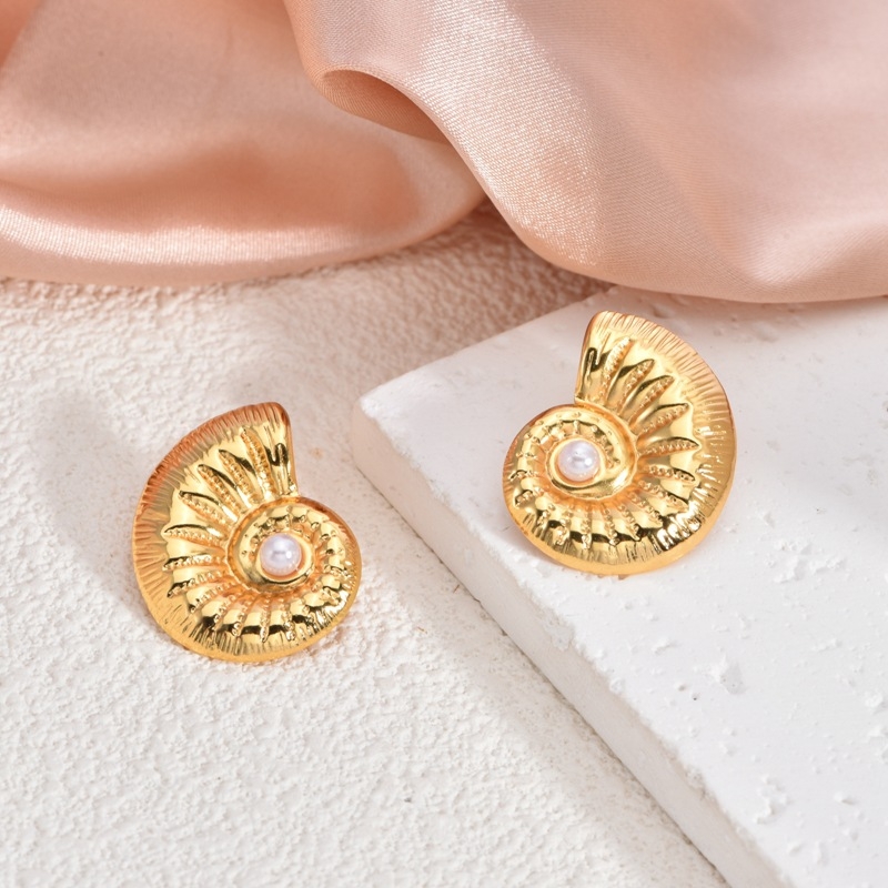 Ženske naušnice od nehrđajućeg čelika, elektroplatinirani zlatni premaz, 3D cvijet i školjka biser dizajn
