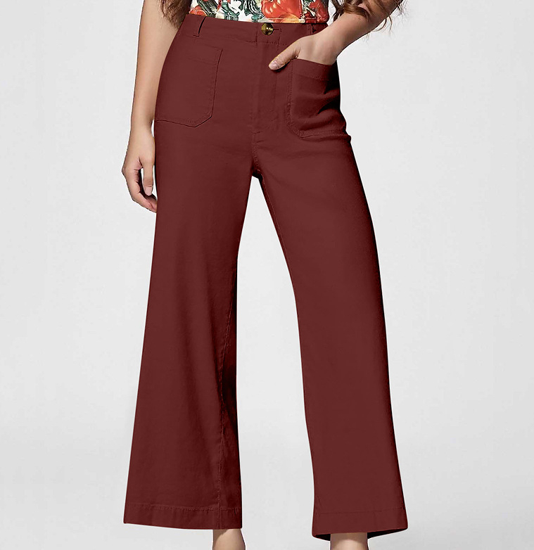 Ženske hlače s visokim strukom, cropped širokih nogavica, pamuk, proljeće-ljeto 2025, casual stil