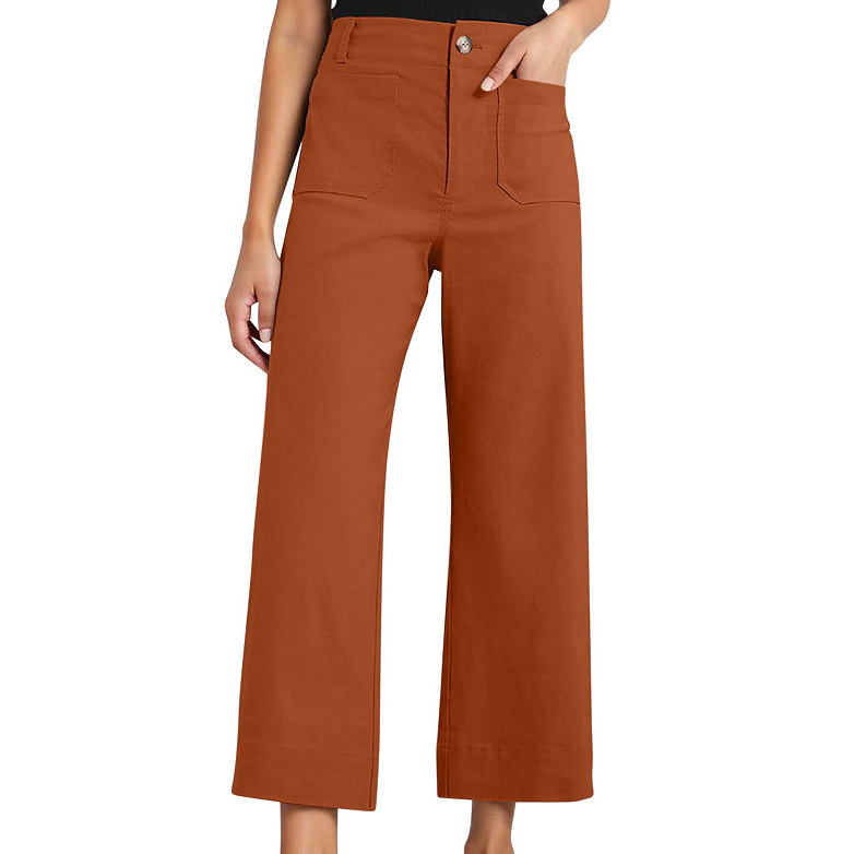 Ženske hlače s visokim strukom, cropped širokih nogavica, pamuk, proljeće-ljeto 2025, casual stil