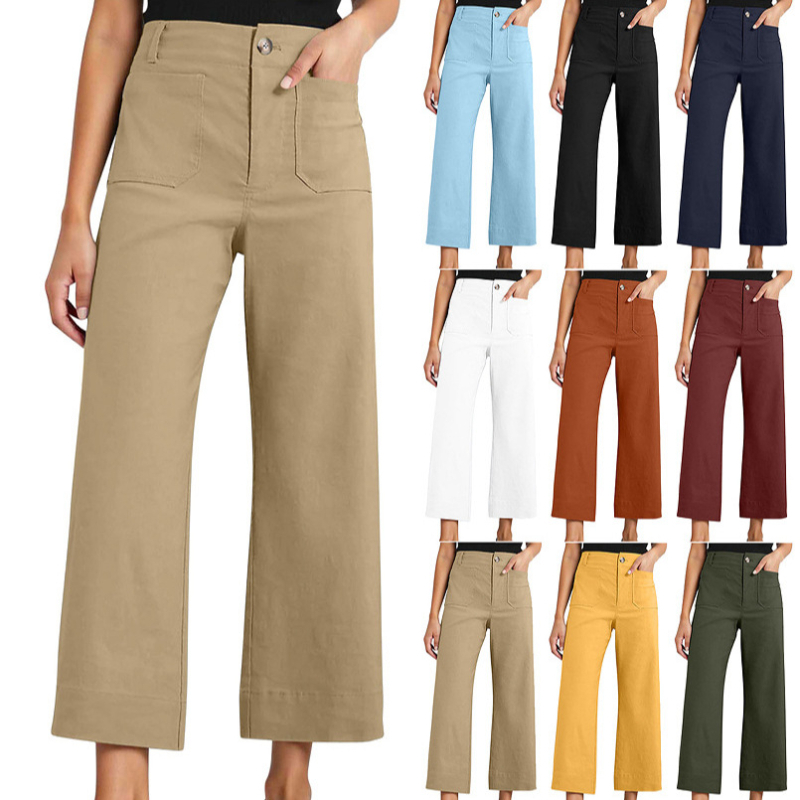 Ženske hlače s visokim strukom, cropped širokih nogavica, pamuk, proljeće-ljeto 2025, casual stil