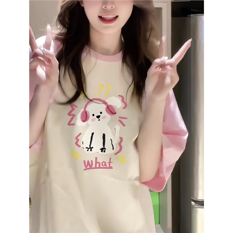 Ružičasti pamučni T-shirt s Raglan rukavima, ležerni kroj, plus veličina, anime print, ljeto Harajuku stil