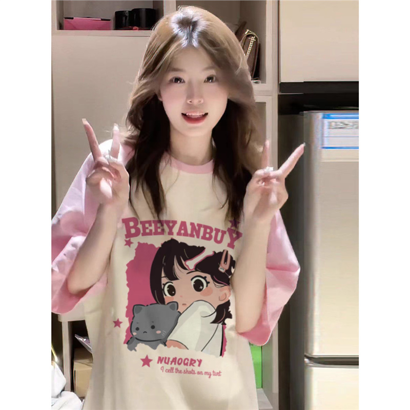 Ružičasti pamučni T-shirt s Raglan rukavima, ležerni kroj, plus veličina, anime print, ljeto Harajuku stil