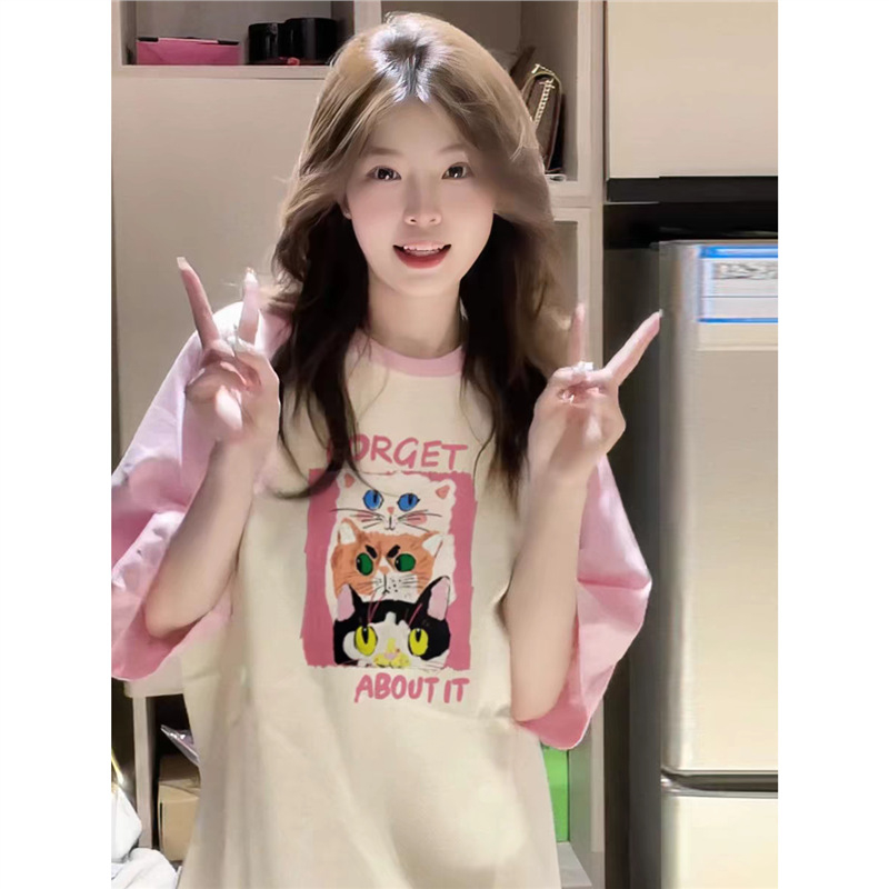 Ružičasti pamučni T-shirt s Raglan rukavima, ležerni kroj, plus veličina, anime print, ljeto Harajuku stil