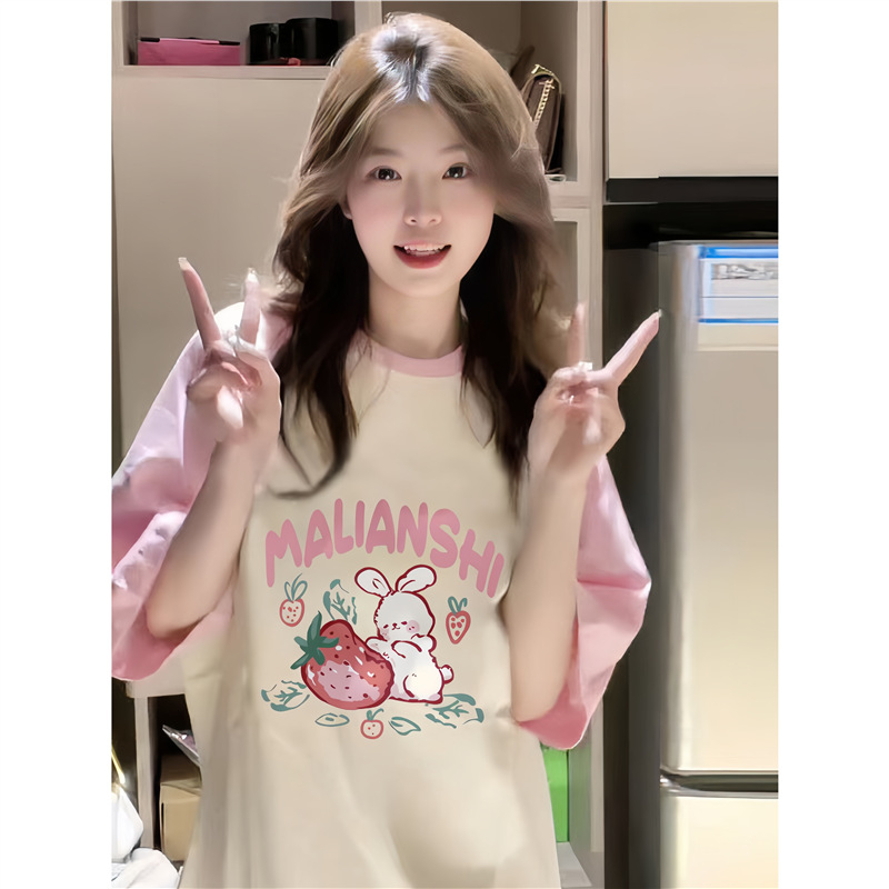 Ružičasti pamučni T-shirt s Raglan rukavima, ležerni kroj, plus veličina, anime print, ljeto Harajuku stil