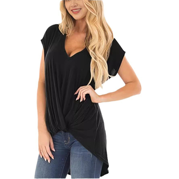 Ženski T‑shirt s V‑izrezom i twist uzlom, kratki rukavi, jednobojan, opuštena silueta, pamuk‑poliesterska mješavina, srednje duljine