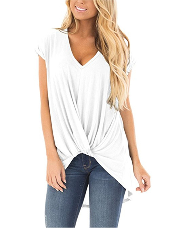 Ženski T‑shirt s V‑izrezom i twist uzlom, kratki rukavi, jednobojan, opuštena silueta, pamuk‑poliesterska mješavina, srednje duljine