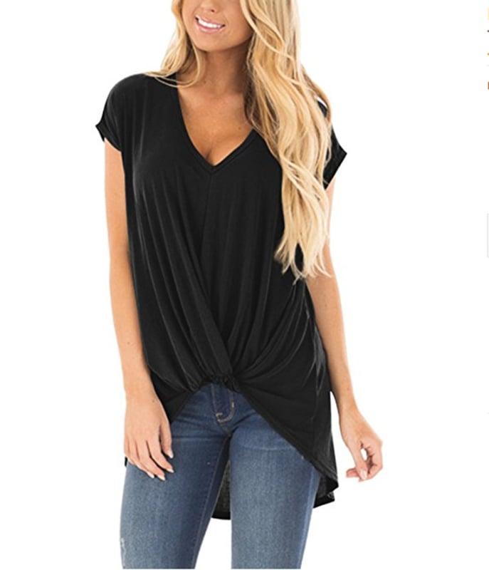 Ženski T‑shirt s V‑izrezom i twist uzlom, kratki rukavi, jednobojan, opuštena silueta, pamuk‑poliesterska mješavina, srednje duljine