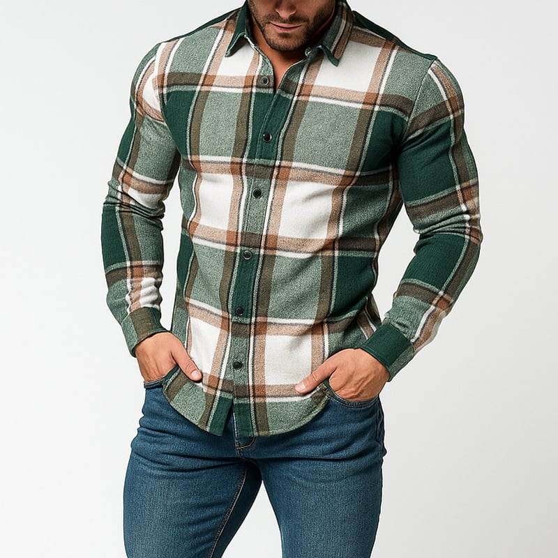 Muška karirana košulja, opuštena kroj, dugi rukavi, debela tkanina, jesen-zima 2025